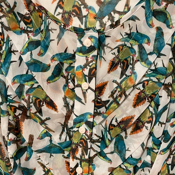 Lovely Sheer Tropical Birds Cap Sleeve Button Down Women’s M - Picture 3 of 7